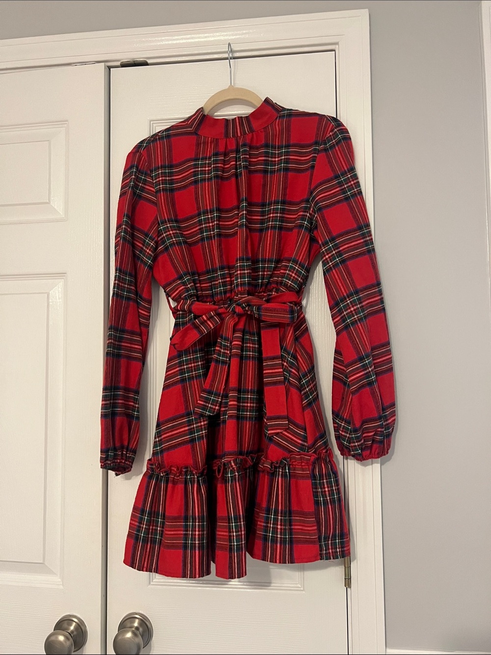SHEIN Red Plaid Long-Sleeve Tie-Waist Ruffle Dress